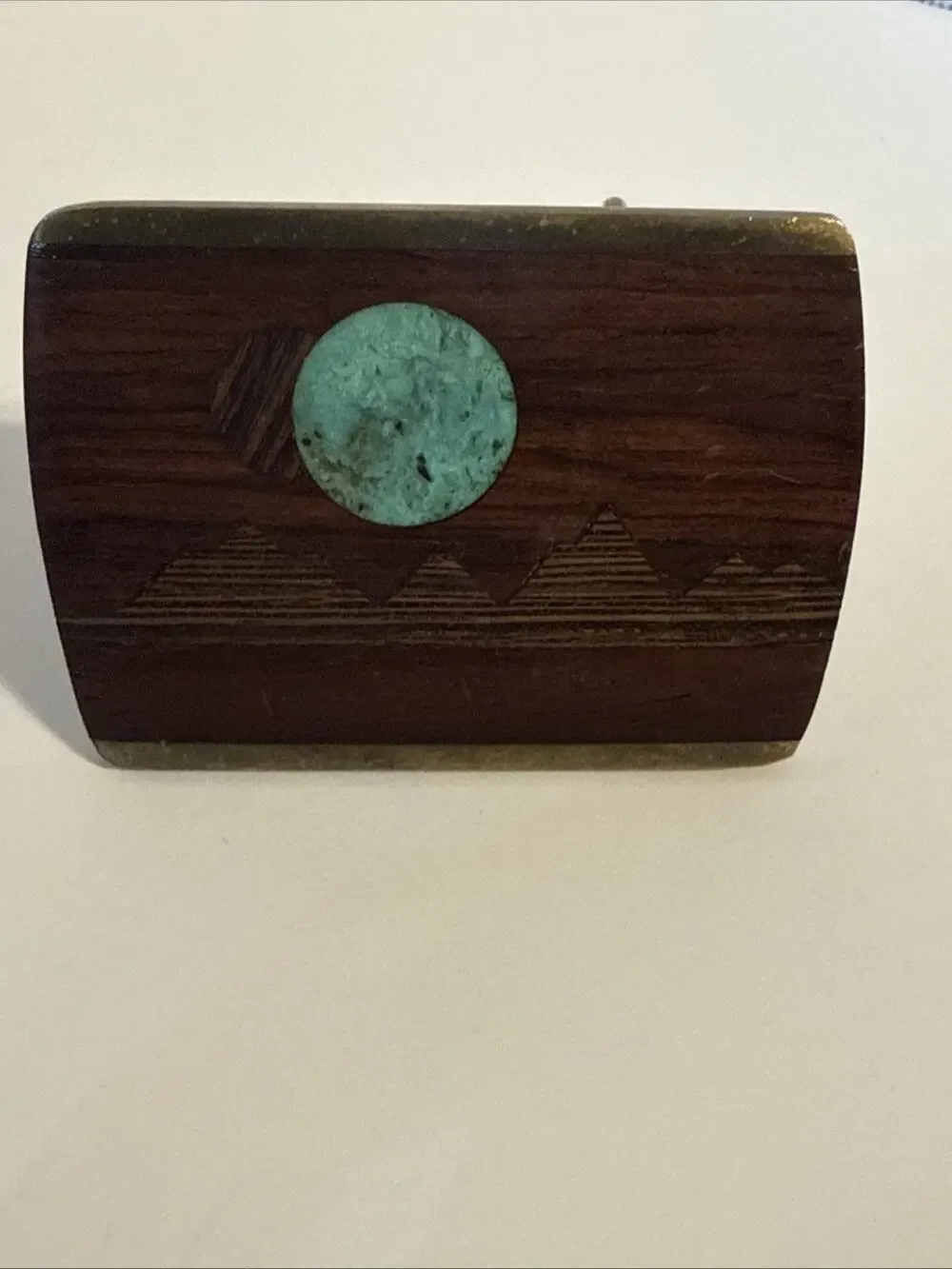 Vintage 70s 80s Brass Wood & Turquoise Inlay Double Moon Rise Scenic Belt Buckle